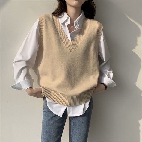 Sweater Vest Women V-neck Solid Simple Slim All-match Casual Korean Style Teens Chic Fashion Autumn Winter Sleeveless Sweaters _ - AliExpress Mobile Sleeveless Sweaters, Loose Knitwear, Pakaian Feminin, Mode Kpop, Sweater Vest Women, Modieuze Outfits, Knitted Tops, Mode Inspo, 가을 패션