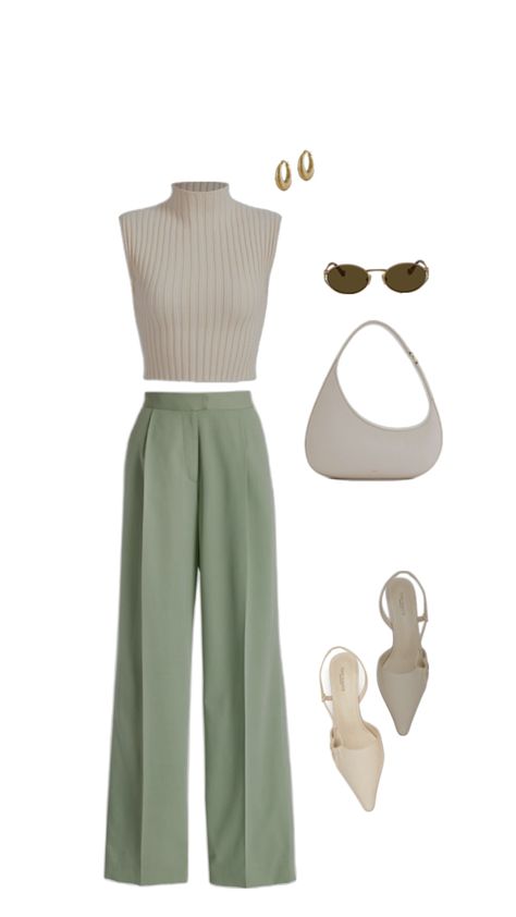 Simple outfit with a pop of mint Mint Trousers Outfit, Mint Green And White Outfit, Mint Green Pants Outfit, Creme Outfit, Mint Pants Outfit, Mint Green Outfits, Mint Green Pants, Mint Pants, Mint Outfit