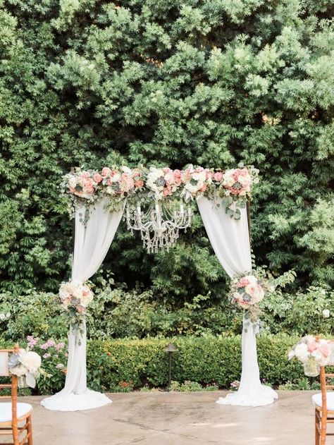 Wedding ceremony arch with draping fabric and chandelier Sweetheart Table Flowers, Wedding Ceremony Arch, Wedding Arbour, Arch Flowers, Meteor Garden 2018, Wedding Entrance, Ceremony Arch, The Arch, Deco Floral