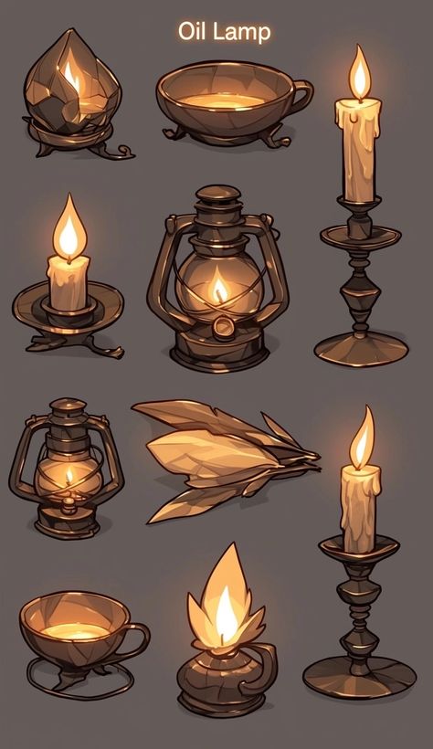 A beautiful variety of vintage oil lamps and candle designs. Enhance the ambiance of fantasy or historical game settings effortlessly.    #FantasyAssets #GameDevelopment #RPGArt #FantasyDesign #OilLamps #CandleProps #AtmosphericDesign #GameAssets #ConceptArt #GameDesign Candle Fantasy Art, Fantasy Lamp Concept Art, Candle Concept Art, Lamp Concept Art, Furniture Concept Art, Lantern Concept Art, Fantasy Items Art, Game Assets Concept Art, Candle Character