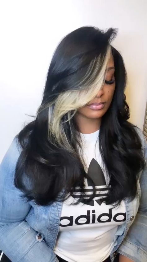 Black Sew In With Blonde Streak, Quick Weave With Blonde Streaks, Blonde Front Black Back Hair, Skunk Stripe With Highlights, Black Weave With Blonde Highlights, Jet Black With Highlights, Blonde Peek A Boo Hair, Faux Highlights Black Hair, Blonde Streaks In Black Hair