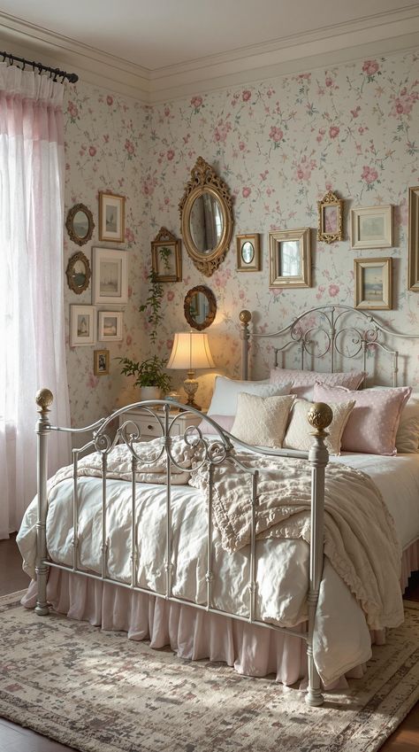 Modern Vintage Bedroom Bed Frames Vintage, Girly Antique Bedroom, Floral Bedroom Aesthetic Vintage, Vintage Teen Girl Bedroom, Vintage Pink Girls Bedroom, Eclectic French Country Bedroom, Vintage Girl Room Ideas, Modern Cottage Core Bedroom, Vintage Inspired Girls Room