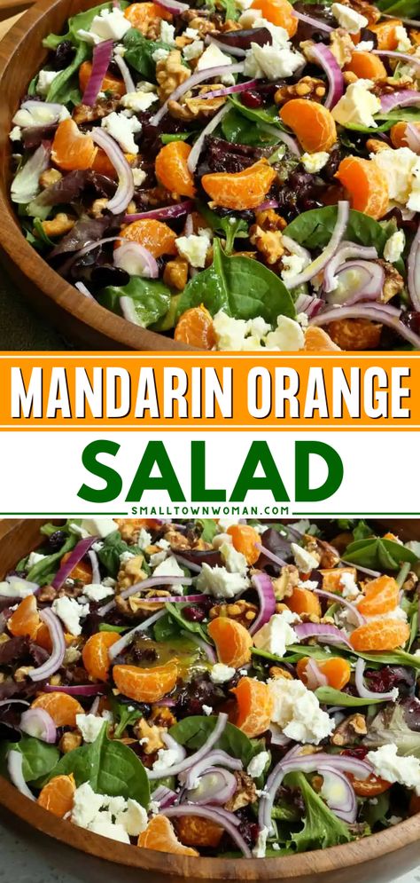 You're just 20 minutes away from this easy summer salad! It's the perfect side dish for BBQs. Tossed in a tangy dressing with greens, walnuts, dried cranberries, and feta, this mandarin orange salad recipe is a 4th of July BBQ party idea everyone will enjoy! Mandarine Recipes, Mandarin Salad, Orange Salad Recipes, Mandarin Orange Salad, Orange Vinaigrette, Bbq Side, Beautiful Salad, Mandarin Oranges, Side Dishes For Bbq