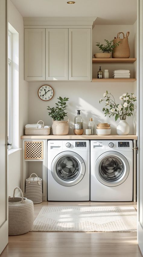 Laundry Room One Cabinet, Bathroom Laundry Decor Ideas, Smallest Laundry Room Ideas, Laundry Room Ideas Small Space Modern, Aesthetic Small Laundry Room, Laundry Modern Farmhouse, Feminine Laundry Room Ideas, Small Laundry Room Diy Makeover, Laundry Room Design Color