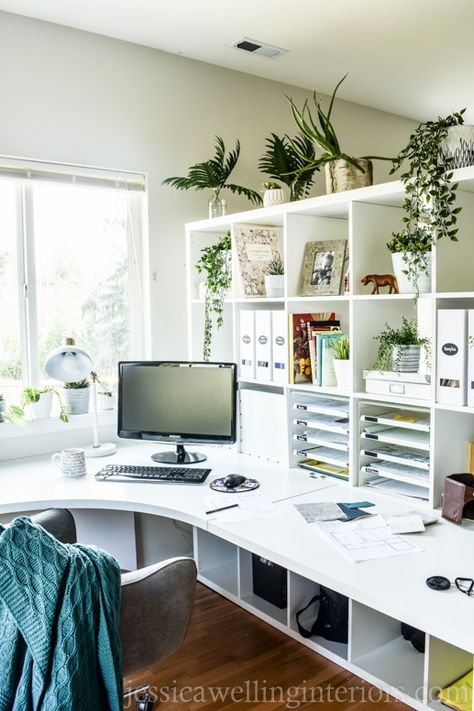 Ikea Home Office Ideas: My New Design Studio Reveal! - Jessica Welling Interiors Home Office Setup L Shaped Desk, Kallax Organization Ideas Office, Side By Side Desk Home Office, Office With Large Desk, Ikea Home Office Ideas, Realtor Apparel, Home Office Ikea, Kallax Bookshelf, Under Desk File Cabinet