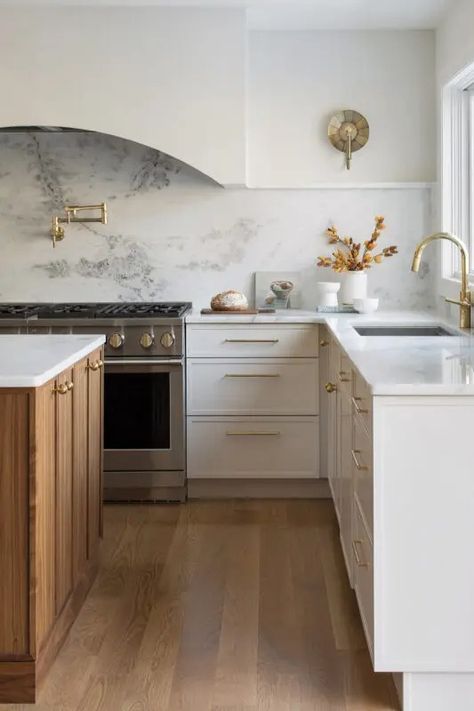 Kosher Kitchen - Showplace Cabinetry Unlacquered Brass Kitchen Hardware, Timeless Kitchen Cabinets, Unlacquered Brass Kitchen, Brass Kitchen Hardware, Kosher Kitchen, Timeless Kitchen Design, Quartz Backsplash, Classic Kitchen Design, Brass Kitchen Faucet