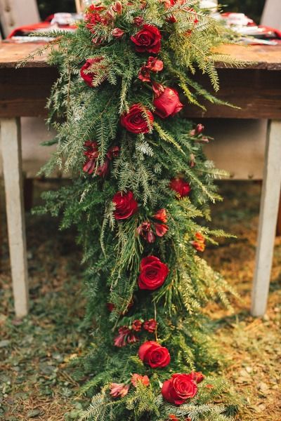 Pine and red rose garland: http://www.stylemepretty.com/2013/12/20/bluebird-christmas-tree-farm-inspiration-shoot/ | Photography: JoPhoto - http://www.jophotoonline.com/ Wedding Table Garland, Winter Wedding Table, Flowers And Greenery, Winter Wedding Decorations, Floral Table Runner, Table Runners Wedding, Winter Wonderland Wedding, Winter Wedding Inspiration, Wedding Winter