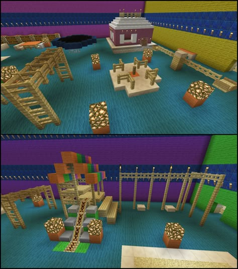 Minecraft Play Room Trampoline Swing Set Sand Box Slide Merry Go Round Park Playground House Minecraft Trampoline Park, Playground In Minecraft, Minecraft Drum Set, Minecraft Dog Park, Minecraft Trampoline, Minecraft Slide, Minecraft Playground Ideas, Playground Minecraft, Minecraft Park Idea