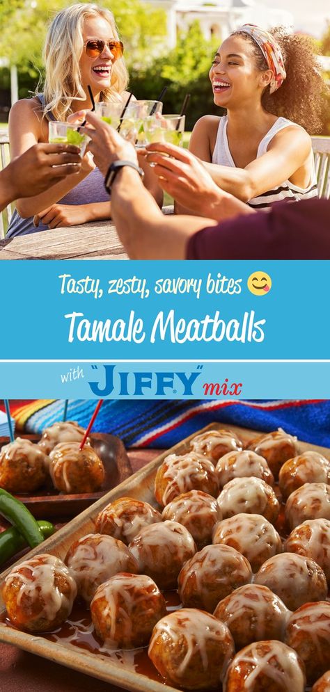 Liven up your end of Summer get-together! Tasty, zesty Tamale Meatballs go great with a refreshing, Summer beverage. 

Made with: "JIFFY" Corn Muffin Mix. Jiffy Cornbread Appetizers, Tamale Meatballs, 9x13 Recipes, Cornbread Appetizer, Jiffy Recipes, Corn Tamales, Mexican Meatballs, Meals Without Meat, Corn Muffin