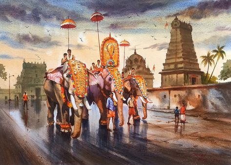 Buy South Indian Temple Painting Original Watercolor Painting Online in India - Etsy South Indian Art Paintings, Indian Temples Painting, Indian Festivals Painting, South Indian Temple Painting, South Indian Wall Decor, South Indian Culture Painting, Temple Illustration Indian, Indian Heritage Paintings, Temple Art Indian