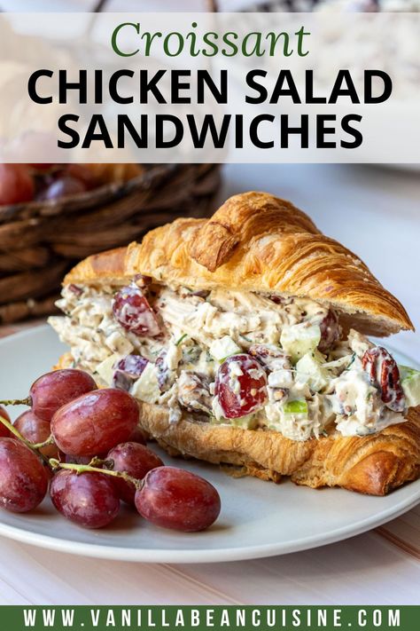 Level up your chicken salad sandwich game with crisp green apple, crunchy pecans, juicy grapes, and flaky croissants. This Chicken Salad Croissant Sandwich is a delicious blend of textures and flavors that’s anything but ordinary. Chicken Crossiant Sandwich, Chicken Salad Recipe With Grapes And Apples, Chicken Grape Salad Sandwich, Chicken Salad With Croissants, Chicken Salad Roll Ups Wrap Recipes, Chicken Salad With Grapes And Apples, Best Chicken Salad Recipe With Grapes, Chicken Salad Recipe With Grapes Easy, Best Chicken Salad Sandwich Recipe