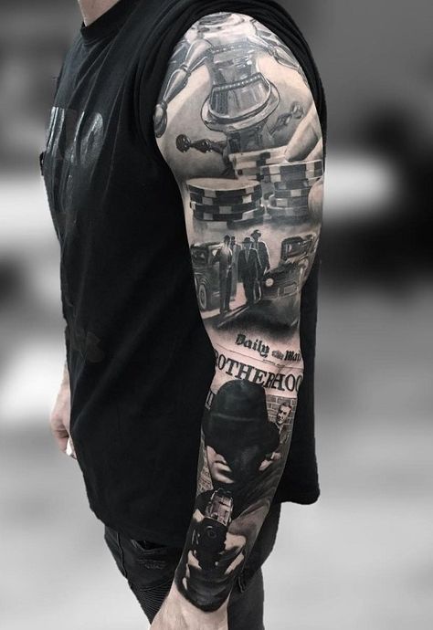 40+ Stunning War Themed Tattoos | Art and Design Mob Tattoo, Tattoo Mafia, Sleeve Tattoo Ideas, Tattoo Culture, Gangsta Tattoos, Theme Tattoo, Back Of Shoulder Tattoo, Tattoos For Black Skin, Full Sleeve Tattoos