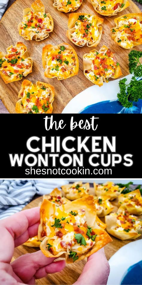 Chicken bacon ranch wonton cups on a wooden board. Ranch Wonton Cups, Easy Party Finger Food, Chicken Wonton Cups, Wonton Cups Appetizers, Finger Foods Easy Party, Wonton Appetizers, Creamy Cheesy Chicken, Party Finger Food, Chicken Wontons