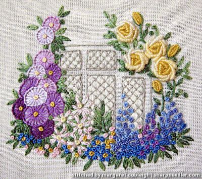 Roseworks 'Elizabethan Window' embroidery kit. First attempt at bullion roses. Window Embroidery, Embroidery Pictures, Ribbon Embroidery Kit, Box Flowers, Window Box Flowers, Feather Stitch, Xmas Cross Stitch, Tapestry Kits, Flowers Embroidery