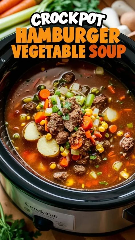 12 Crockpot Hamburger Recipes to Try at Home Crockpot Hamburger Soup Recipes, Hamburger Veggie Soup Crockpot, Hamburger Crockpot Soup, Hamburger Crock Pot Meals, Burger Crockpot Recipes, Hamburger Crock Pot Recipes, Hamburger Vegetable Soup Crock Pot, Crockpot Hamburger Vegetable Soup, Crockpot Hamburger Soup