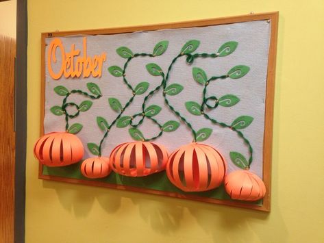 This year's October birthday bulletin board. I made the word October (Cricut cartridge Designer's Calendar) and the pumpkins bigger. The vines are made of pipe cleaners and the leaves (Cricut cartridge Walk in my Garden) have the birthdays on them. 3d Pumpkin Bulletin Board, 3d Pumpkin Templates Free Printable, Bulletin Board Ideas October, October Birthday Board Ideas, October Birthday Bulletin Boards, Cute Fall Bulletin Board Ideas, Pumpkin Bulletin Board Ideas, 3d Bulletin Board Ideas, October Bulletin Board Ideas