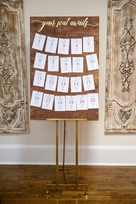 "This wood seating chart is definitely an eye-catcher for your guests to see as they enter your reception!  Specifications for Wedding Signs: Solid Pine Wood\" 1 1/2 inch thick 24 x 36 inch sign dimension Walnut Stain (pictured) Lettering color is flexible! Please choose a secondary color for lettering or type other and leave desired color in notes. After ordering, please send list of table numbers and names via etsy messaging. Due to the personalized nature of these items, no returns/exchanges/ Seating Chart On Wood, Wood Seating Chart, Wood Seating Chart Wedding, Wooden Seating Chart, Wooden Seating Chart Wedding, Rustic Wedding Seating Chart, Table Number Signs Seating Charts, Wedding Seating Chart Wood, Rustic Wedding Table Numbers Seating Charts