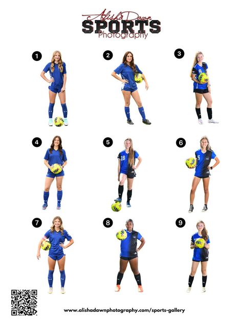 Posing guide of 9 soccer poses for players. Printable poster for volume sports photography. Youth Soccer Pictures, School Sports Posters, Soccer Player Workout, Soccer Photography Poses, Soccer Team Pictures, Team Picture Poses, Soccer Senior Pictures, Soccer Team Photos, Soccer Shoot