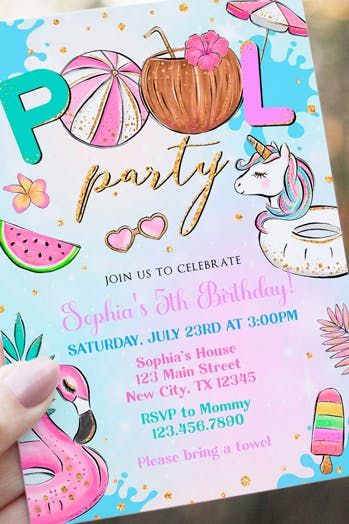 Swimming Party Theme, Swimming Birthday Party Invitations, Spring Pool Party Ideas, 8th Birthday Pool Party Girl, Pool Party For Girls Birthday, Swimming Pool Birthday Party Ideas, Kids Pool Party Invitations, Summer Theme Party For Kids, Summer Pool Birthday Party Ideas