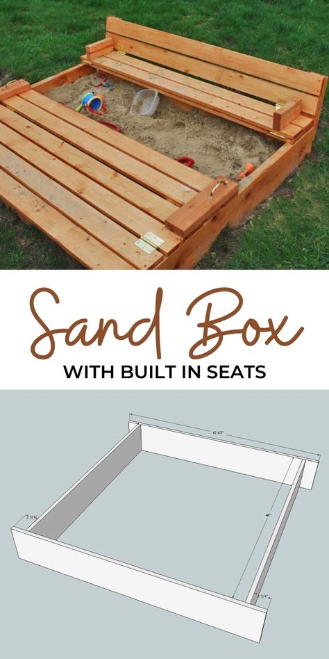 Covered Sandbox Plans, Wooden Sand Box With Cover, Wooden Sandbox Diy, Sandbox With Benches, Covered Sandbox Diy, Sand Box Cover Ideas Diy, Diy Sandbox With Cover Cheap, Sand Box With Lid, Diy Kids Sandbox Ideas