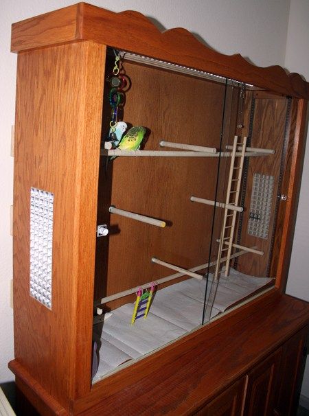 How to make a homemade indoor bird aviary or flight cage for parakeets, budgies, finches, canaries. Repurpose old furniture. Includes pictures. Indoor Bird Aviary, Bird Avery, Finch Aviary, Diy Birdcage, Parakeet Food, Diy Bird Cage, Flight Cage, Victorian Top, Parakeet Cage