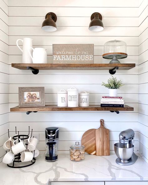 Kitchen Floating Shelves, Coffee Station Kitchen, Coffee Bar Station, Coffee Bar Ideas, Kitchen Shelf Decor, Floating Shelf Decor, Home Coffee Stations, Coffee Bars In Kitchen, Coffee Nook