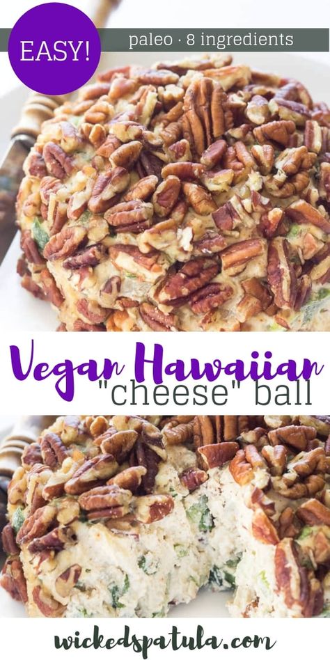 Vegan Hawaiian "Cheese" Ball - Filled with pineapple, green peppers and onions, and pecans you'll never miss the cheese in this Vegan Hawaiian "Cheese" Ball. #wickedspatula #vegan #paleo #snack Cashew Cream Cheese Recipe, Paleo Appetizer Recipes, Vegan Cheese Ball, Paleo Snacks Easy, Cashew Cream Cheese, Gluten Free Recipes Appetizers, Vegan Cashew Cheese, Cream Cheese Recipe, Meals Without Meat