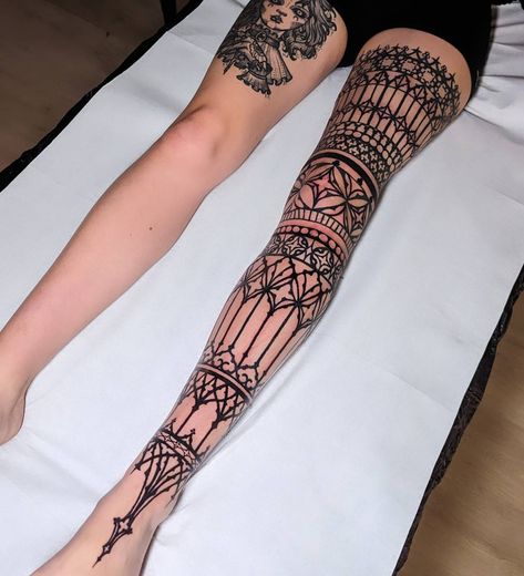 Full leg sleeve in freehand Encore merci !! Done @utopia.workshop NEXT GUESTS +PARIS +BERLIN +VIENNA Done with @probodysupply @pepax.official #tattoo #tattoos #sleevetattoo #ink #inked #ornamentaltattoo #occult #ornaments #ornamental #blackworktattoo #blackworkerssubmission #blackwork #blackworkers #blackart #blacktattooart #skulltattoo #cathedraltattoo #cathedral #architecturaltattoo #artwork #art #dotworkers #dotworktattoo #necktattoo #geometry #geometrictattoo #goth #gothic #legsleeve... Tattooed Lady, Cathedral Leg Sleeve, Goth Sleeve Tattoos For Women, Feminine Goth Tattoos, Cathedral Leg Tattoo, Gothic Lace Tattoo, Ornamental Full Body Tattoo, Gothic Henna, Full Leg Tattoo