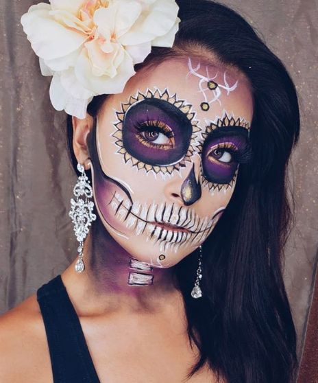 Purple passion Skeleton Makeup Looks, Half Skeleton Makeup, Makijaż Sugar Skull, Pink Smoky Eye, Rings Amazon, Halloween Makeup Sugar Skull, Dead Makeup, Best Acne Products, Facial Contouring