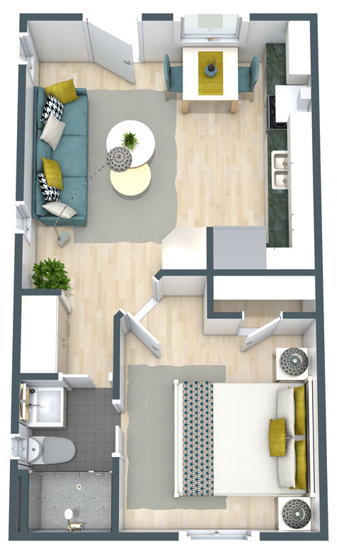 A lime and teal 3D floor plan of a narrow apartment with one bedroom and a garage underneath. Small Apartment Layout Floor Plans, Tiny House Floor Plan, Tiny Home Ideas Interiors, Smart Houses, One Bedroom House Plans, One Bedroom House, Small House Layout, Modern Small House Design, Tiny House Layout