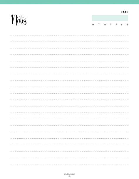 Capture your thoughts and ideas with this printable notes page featuring a stylish teal design. This page includes a section for the date and days of the week, making it perfect for journaling, meeting notes, or daily reflections. The lined layout ensures you have plenty of space to write neatly and stay organized. Download and print this portrait-oriented notes page to keep track of your important information. #NotesPage #PrintablePlanner #TealDesign Note Taking Template Aesthetic, Aesthetic Notes Template, Vocab Notes, Meeting Notes Printable, Teal Color Scheme, Note Taking Template, Teal Color Schemes, Teal Design, Notes Templates