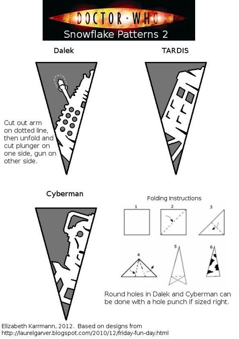doctor who snowflake pattern. For Jackson @Jenny Hintze Doctor Who Party, Doctor Who Crafts, Doctor Who Christmas, Snowflake Patterns, Snowflake Template, Instruções Origami, Wibbly Wobbly Timey Wimey Stuff, Torchwood, Paper Snowflakes