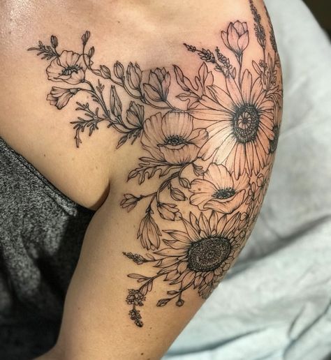 Sunflower Cap Sleeve Tattoo, Wildflower Sunflower Tattoo, Sunflower Quarter Sleeve Tattoo, Wildflowers Shoulder Tattoo, Sunflower And Daisy Tattoo Sleeve, Floral Tattoo Shoulder Color, Wildflower Shoulder Cap Tattoo, Wildflower Shoulder Tattoos For Women, Sunflower Tattoo Shoulder Blade