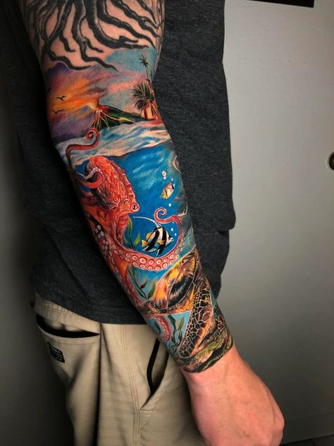 "Ocean themed half sleeve by Lynn Hoang at Skin Design Tattoo, Honolulu HI" by docungurus on Reddit Ocean Sleeve Tattoos For Guys, Ocean Tattoos Sleeve, Tattoos Ocean, Ocean Sleeve Tattoos, Ocean Sleeve, Sleeve Tattoos For Guys, Tattoos Sleeve, Ocean Tattoos, Skin Design