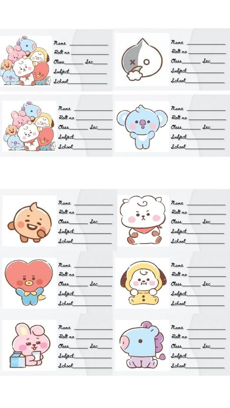 Bt21 Name Tags For School, Name Slips For Notebook Diy, Photo Name Slips For Notebook Printable, Name Slips For Notebook Printable, Name Slips For School, Name Slip Ideas, Bt21 Names, Name Slips For Notebook, Cute Name Tags For School