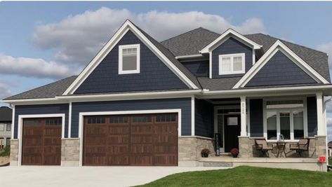 Dark Navy House Exterior White Trim, Hardie Board House, Blue Siding House, Hardie Shingle Siding, House Siding Options, Exterior Refresh, Navy Blue Houses, Gray Siding, Hardy Plank Siding