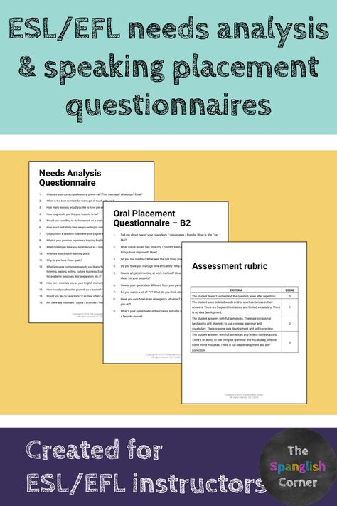 This is a resource for ESL/EFL teachers teaching adults in face-to-face or online settings. It provides you with a printable needs analysis questionnaire and four questionnaires to determine your student’s level. You can use these questionnaires for speaking, but they could be adapted to writing. #ESL #EFL #placement #questionnaire Needs Analysis, Teaching Adults, Assessment Rubric, Esl Lessons, Learning Spanish, Rubrics, Teacher Store, Educational Resources, Teacher Pay Teachers