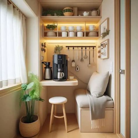 New! 15 Coffee Bar Ideas You Can't Miss! Coffee Bar And Breakfast Nook, Breakfast Nook And Coffee Bar, Coffee Corner With Sink, Corner Coffee Bar With Mini Fridge, Coffee/alcohol Bar Ideas Kitchen, Teachers Lounge Decor, Coffee Bar Station, Coffee Bar Design, Cozy Breakfast Nook