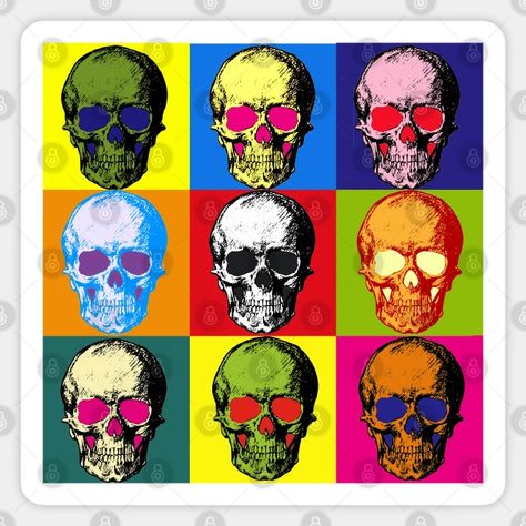 Pop-art skulls with an Andy Warhol color scheme - Pop Art Skulls - Sticker | TeePublic Pop Art Color Scheme, Pop Art Stickers, Pop Art Skull, Andy Warhol Artwork, Pop Art Andy Warhol, Andy Warhol Pop Art, Pink Cars, Art Mom, Pop Art Colors