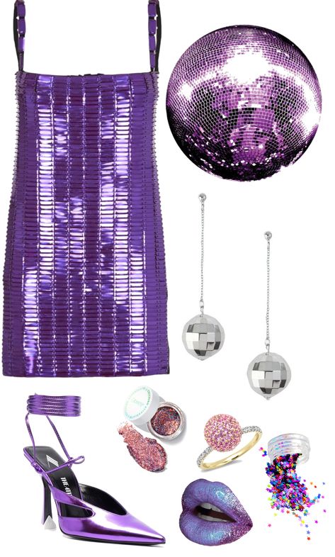 Galaxy Party Outfit Ideas, Purple Disco Outfit, Disco Ball Outfit, Guts Outfit, 14th Birthday Party Ideas, Pink Disco Ball, Ball Outfit, 70s Disco Party, Glitter Outfit