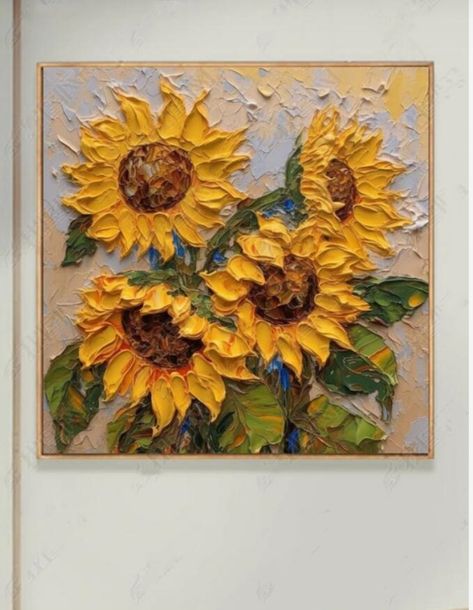 Sunflower Texture Art, Sunflower Textured Painting, Big Sunflower Painting, Sunflower Oil Painting, Texture Painting Sunflower, Texture Ideas, Famous Sunflower Painting, Painting Flowers Tutorial, Texture Paint