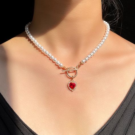 Ruby Heart Necklace, Red Heart Necklace, Goth Choker, Birthday Necklace Gift, Rose Beige, Trendy Necklace, Sleep Tracker, Baroque Pearl Necklace, Pearl Choker Necklace