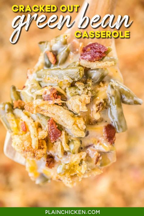 Cracked Out Green Bean Casserole - THE BEST! OMG! SO good! Green bean casserole loaded with cheddar, bacon and ranch! Everyone RAVES about this delicious side dish! Can make ahead and freeze for later. Great for holidays and potlucks! #greenbeans #ranch #bacon #casserole #vegetable Using Cream Cheese, Cracked Green Beans, Best Green Bean Casserole, Cracked Out, Classic Green Bean Casserole, The Best Green Beans, Thanksgiving Side Dishes Easy, Ranch Salad, Buttermilk Ranch