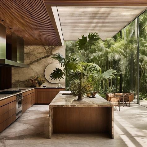 Tropical Kitchen, Modern Tropical House, Tropical House, Mediterranean Homes, Luxury House Designs, Open Kitchen, Mid Century House, Apartment Interior, House Inspo