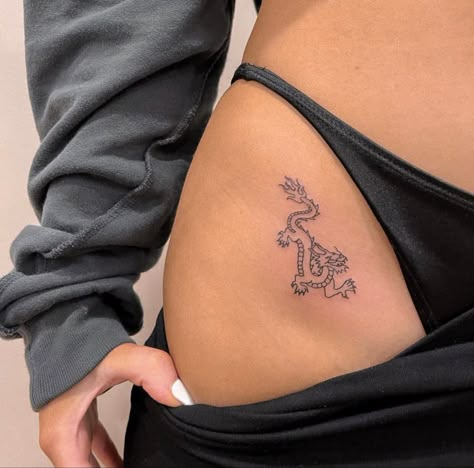 Tiny Dragon Tattoo For Women, Dragon Tattoo On Hip, Line Dragon Tattoo, Fine Line Dragon, Fine Line Dragon Tattoo, Tiny Dragon Tattoo, Dragon Tattoo Hip, Tattoo On Hip, Pelvic Tattoos