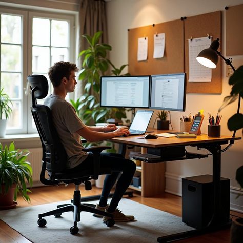 Empower Your Productivity: The Ergonomic Home Office Setup Guide Ergonomic Desk Setup, Efficient Home Office, Ergonomic Home Office, Productive Workspace, Adjustable Chair, Adjustable Chairs, Ergonomic Desk, Proper Posture, Desk Height