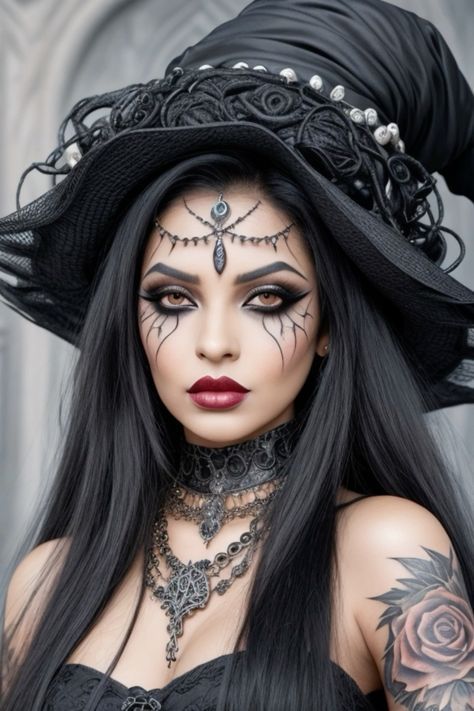 Gothic Queen Makeup Halloween, Womens Witch Makeup, Cool Witch Makeup Ideas, Horror Witch Makeup, Beautiful Witch Costumes, Dramatic Witch Makeup, Red Witch Makeup Halloween, Scary Witch Makeup Halloween, Witch Gothic Outfit