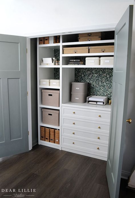 Entryway Closet with Storage Makeover - Dear Lillie Studio Small Storage Closet Makeover, Ikea Office Closet Organization, Closet Organization For Office, Office Storage In Closet, Office Organization Closet, Closet For Office Storage, Living Room Storage Closet, Closet Storage For Office, Art Closet Storage