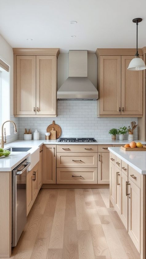 Kitchen highlighting transitional design with white oak cabinets and modern fixtures. Modern Oak Kitchen, White Oak Kitchen Cabinets, Model Dapur, White Oak Kitchen, Lake House Kitchen, Neoclassical Interior, Oak Kitchen Cabinets, Diy Backsplash, White Cabinet