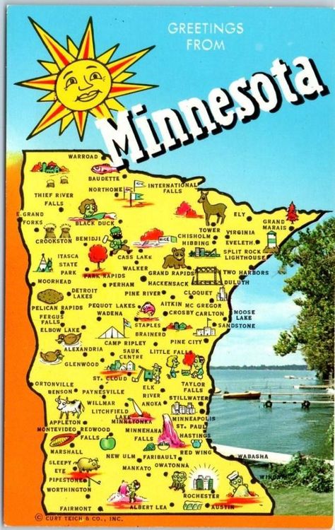 Minnesota State Map / "Big Letter" Postcard w/ Lake Scene - Curteich Chrome American States, Big Letter, Two Harbors, Lake Scene, Brown County, Grand Marais, Maple Grove, Big Letters, Minnesota State